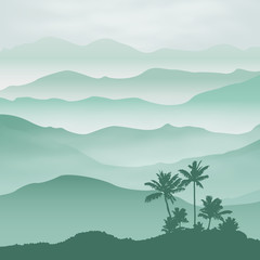 Mountains with palm tree in the fog. Background.