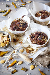 muffins with pumpkin, chocolate, oat flakes homemade packaged