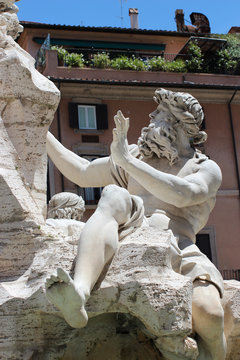 Detail of Fountain of the Four Rivers in Navona Square of Rome,