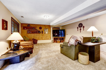 Basement family room with decorated wall