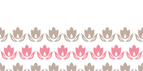 Pink and brown tulips stripes horizontal seamless pattern