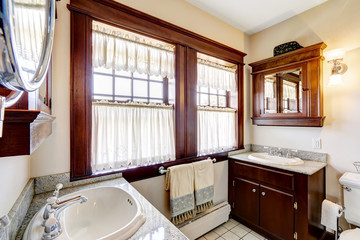 Bathroom with dark brown cabinets and large window