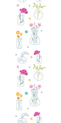 Fresh flowers in vases vertical seamless pattern background