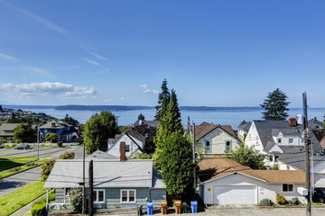 Scenic bay view in Tacoma. Panoramic photo is taken from the dec