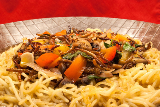 Gebratene Spaghetti mit Heimchen und Mehlw&uuml;rmern