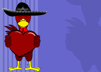 mexican rooster cartoon holding red heart