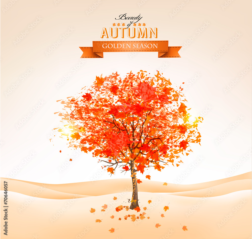 Poster autumn tree with orange leaves. vector.
