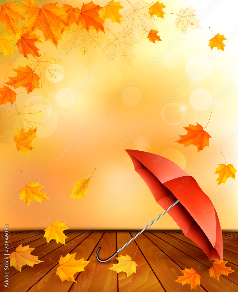 Poster retro autumn background with colorful leaves and an umbrella. ve