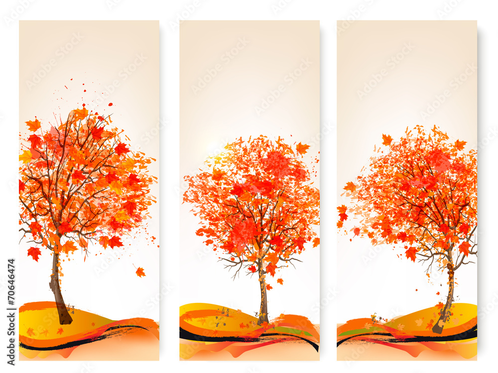 Poster three autumn abstract banners with colorful leaves and trees.vec