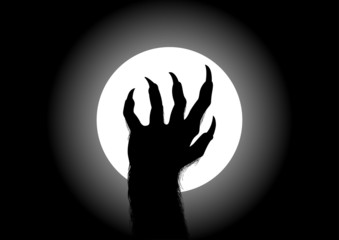 Silhouette illustration of werewolf hand against the full moon