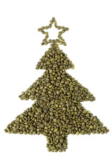 Christmas tree made from green coffee beans. Isolated on white 
