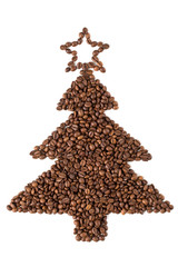 Christmas tree made from coffee beans. Isolated on white 