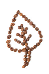 Leaf made of coffee beans. Isolated on white background.