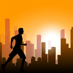 running man against the city. silhouette of the sprinter