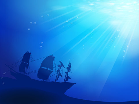 Deep blue ocean with shipwreck as a silhouette background