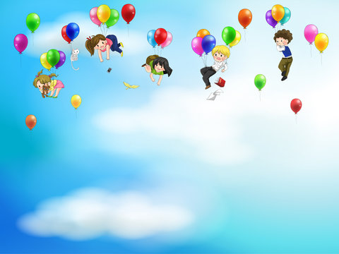 Cute cartoon people floating in the sky with balloon