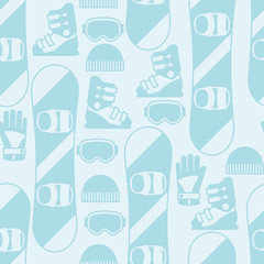 Sports seamless pattern with snowboard equipment flat icons.