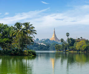 View of  Shwedagon Pagoda over Kandawgyi Lake