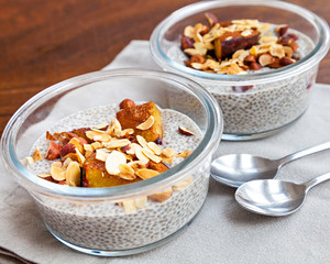 Vanilla chia seed pudding with baked prunes and nuts