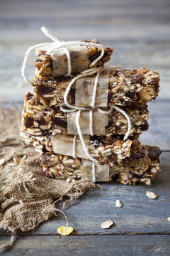 stack of homemade granola bars with dried fruits