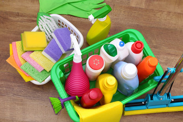 Collection of cleaning products and tools