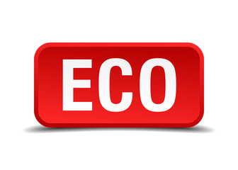Eco red 3d square button isolated on white background