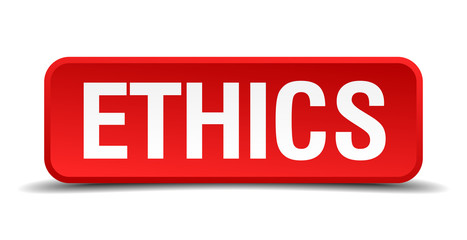 Ethics red 3d square button isolated on white background