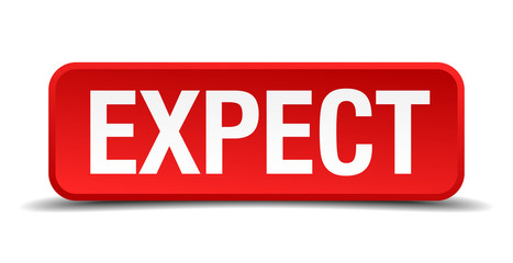 Expect red 3d square button isolated on white background