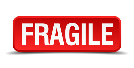 Fragile red 3d square button isolated on white background
