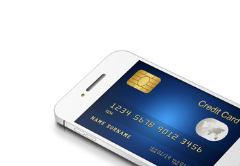 credit card with mobile phone isolated on white