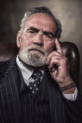 In chair sitting characteristic senior business man. Gray hair a