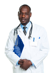 Portrait of a smiling male doctor holding a notepad on white