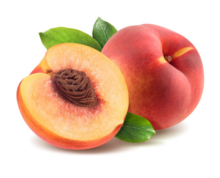 Peach With Leaves And Half Piece Isolated On White Background