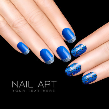 Nail Art Trend. Luxury Blue Nail Polish. Glitter Nail Stickers