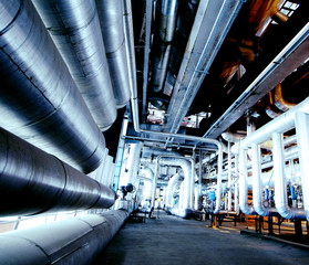 Industrial zone, Steel pipelines in blue tones
