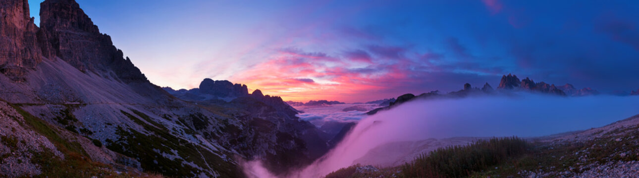 Sunrise in the Dolomites, panoramic pictures.