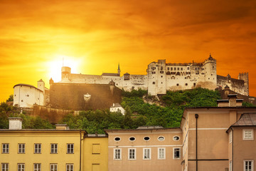 Hohensalzburg Castle in Salzburg at sunset, Austria