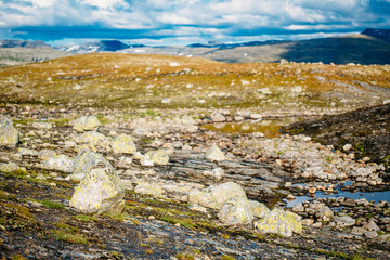 Fototapeta na wymiar Norway Nature Landscapes, Mountain Under Sunny Blue Sky
