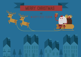 Naklejka premium Merry Christmas santa and raindeers blue background