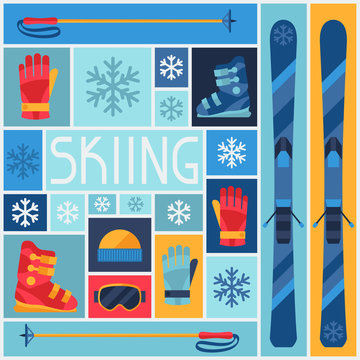 Sports background with skiing equipment flat icons.