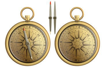 old brass pocket compass realistic illustration isolated on whit