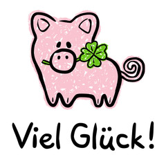 Viel-Glück-Karte mit Glücksschwein und vierblättrigem Kleeblatt