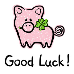 Good Luck Card With Lucky Charm Pig And Four-Leaved Shamrock