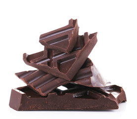 Cracked chocolate bar isolated on white