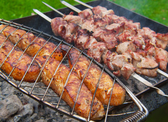 Fresh grilled salmon on the grill rack. 