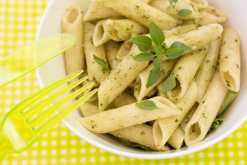 Penne Pasta with Pesto Sauce.