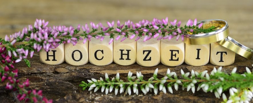 Trauringe mit Calluna Vulgaris auf Holz