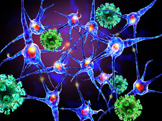 3d illustration of viruses attacking nerve cells