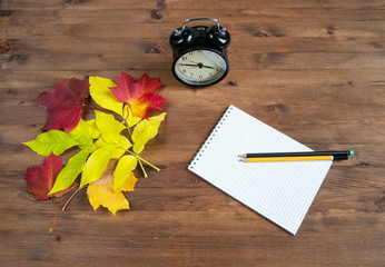Clock alarm, notebook, pencil and yellow leaves