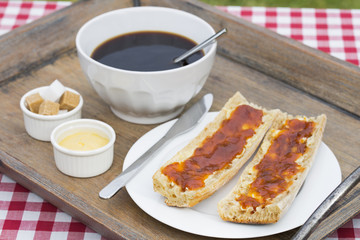 Breakfast with bread and hot Coffee